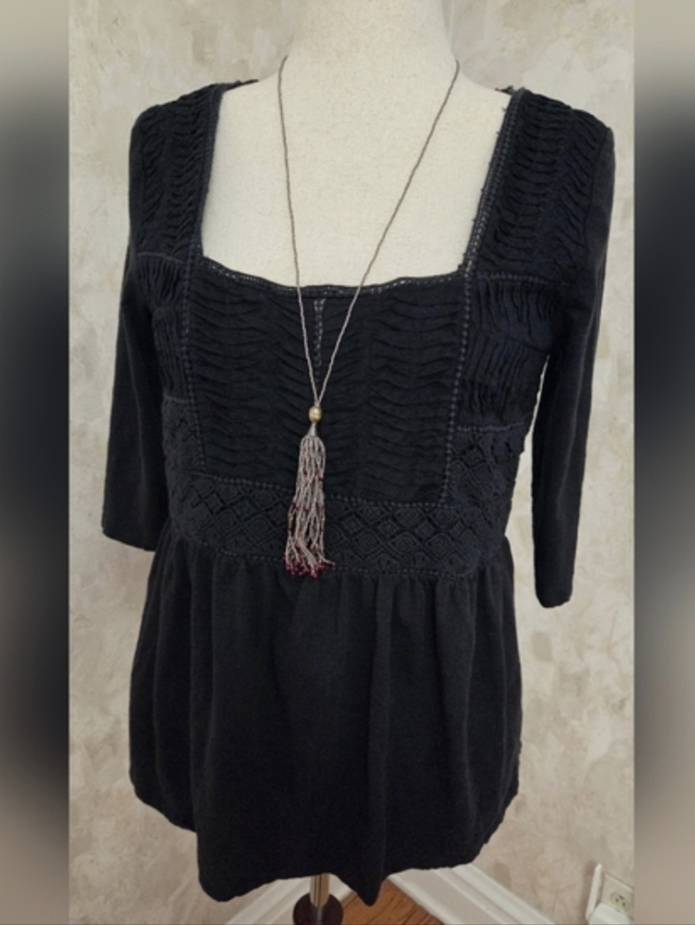 Meadow Rue Black Boho Lace Peasant Top Crochet Babydoll Blouse Size L